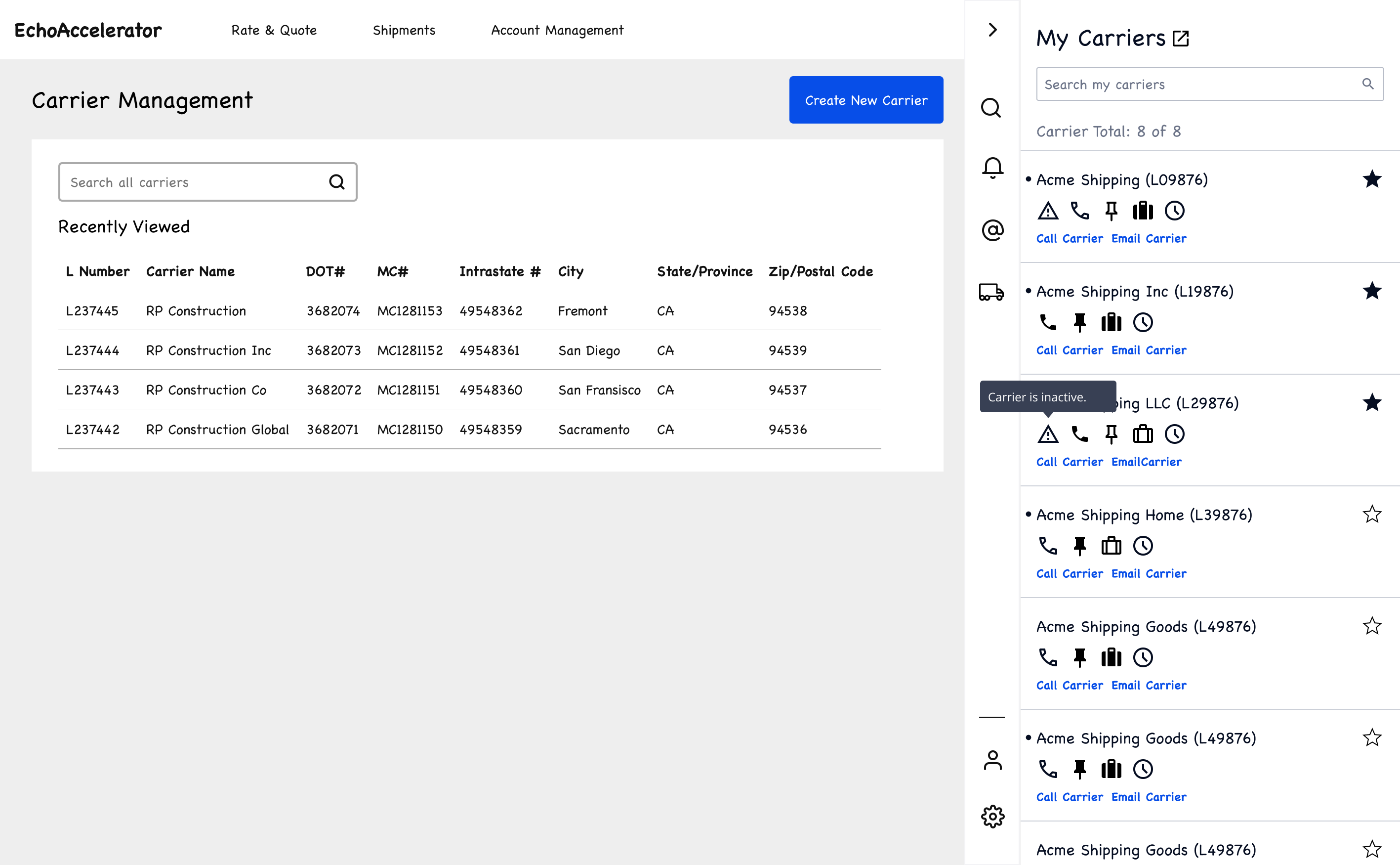 Low-fidelity wireframe: My Carriers list with status icon tooltip