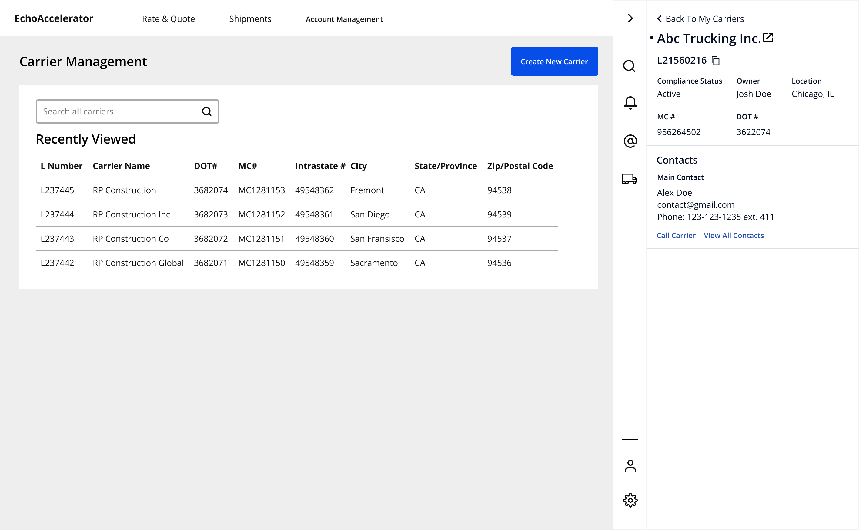 Low-fidelity wireframe: carrier detail panel