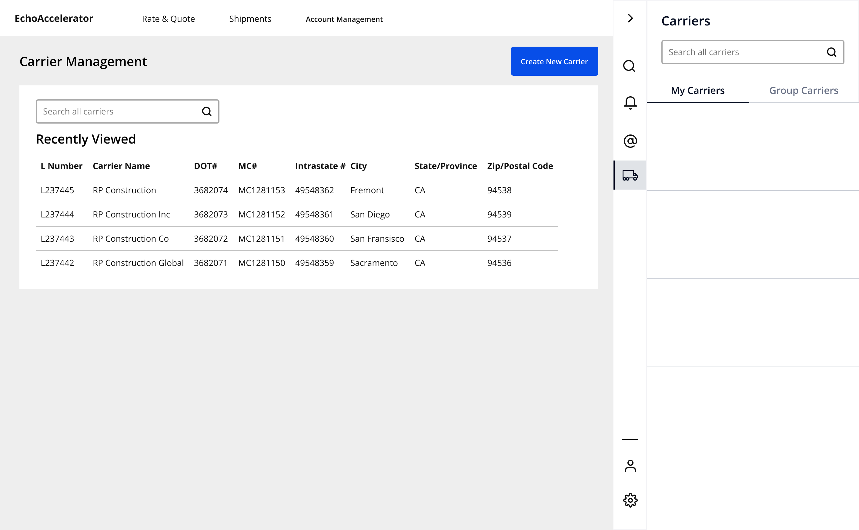 Low-fidelity wireframe: Carrier Management main screen