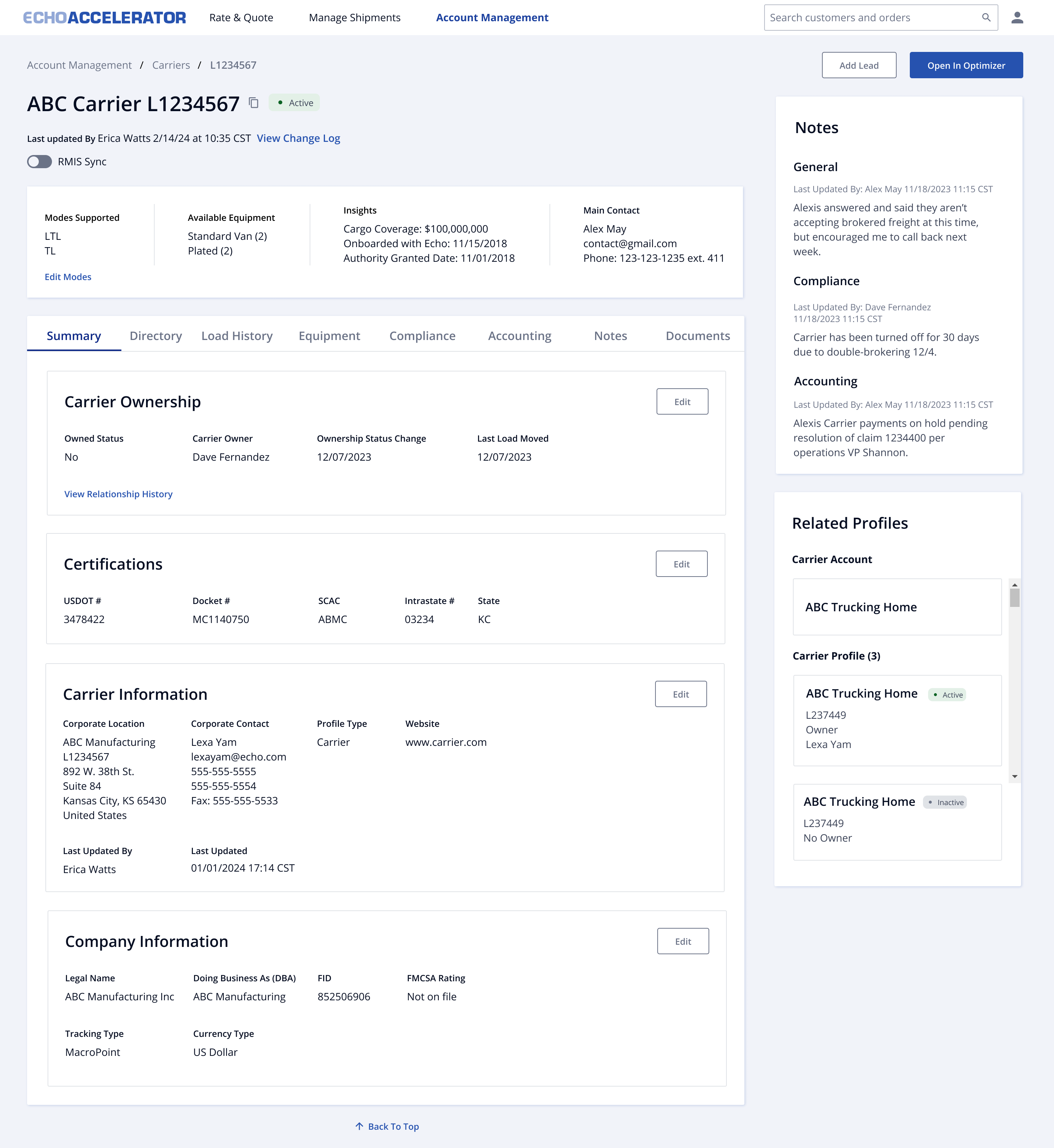 Echo Global Logistics Carrier Management
