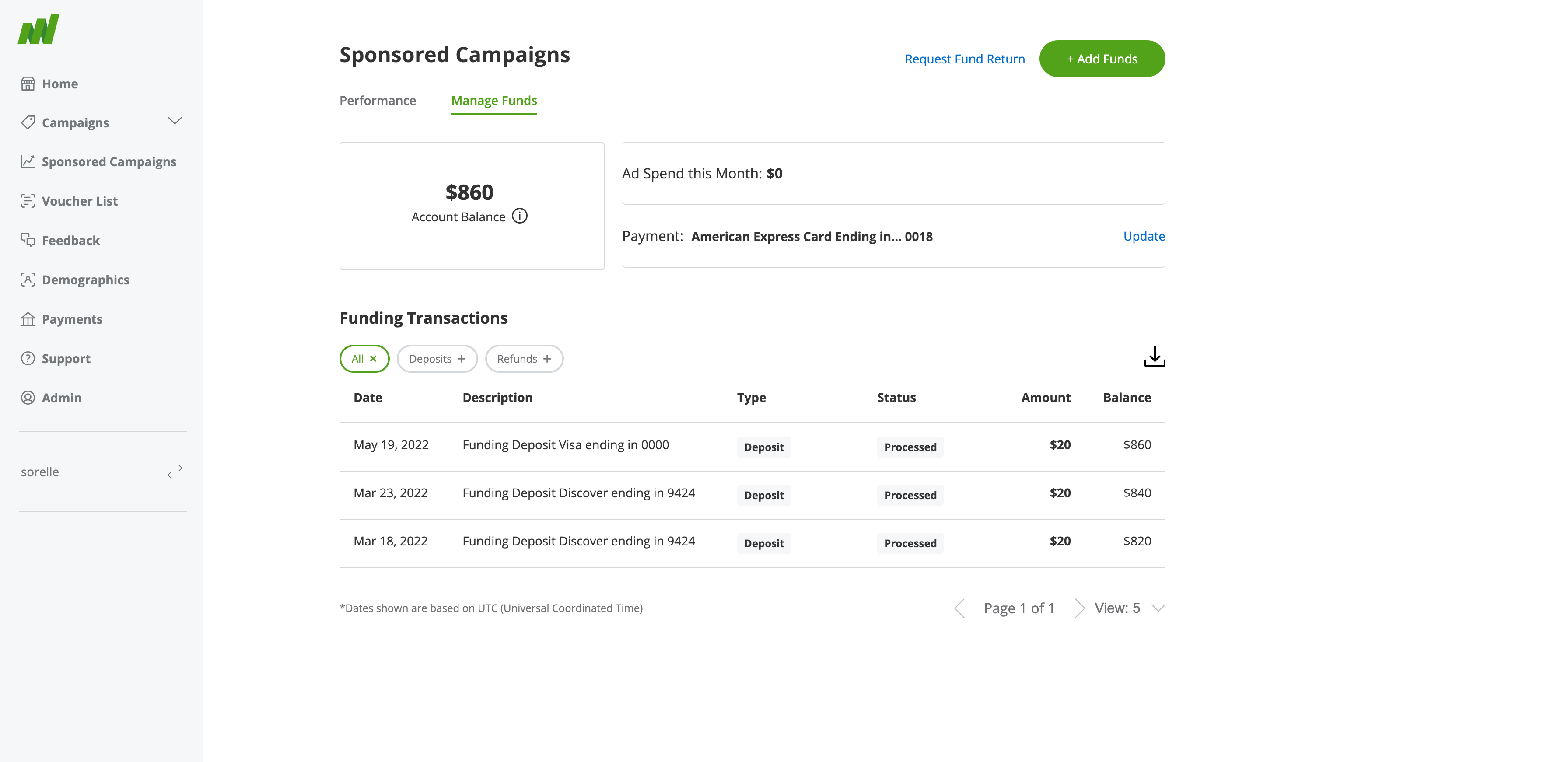 Legacy Sponsored Campaigns Manage Funds view