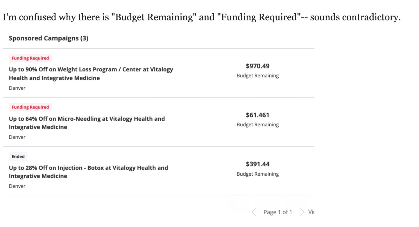 Support conversation showing a merchant confused by contradictory 'Budget Remaining' and 'Funding Required' labels