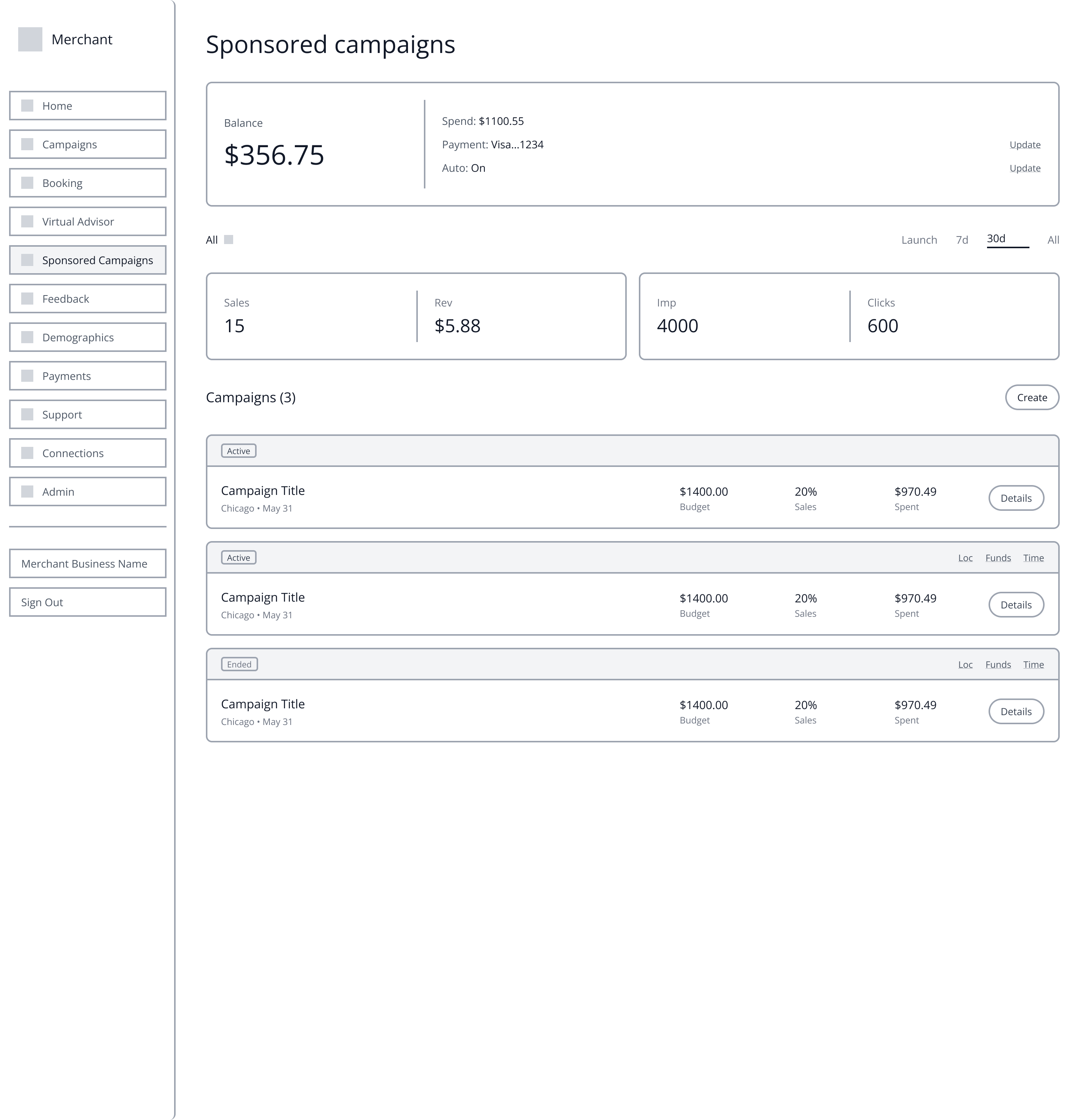 Wireframe v1: Sponsored Campaigns dashboard